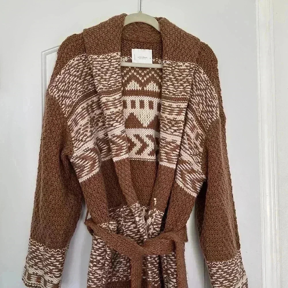 Lucky Brand Women's Fairsle Sweater Coatigan, Caramel Cafe Sz M - Picture 10 of 16